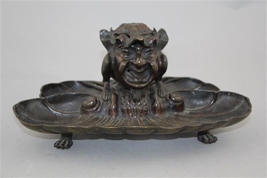 A late 19th century Continental bronze inkstand, 9.5in.
